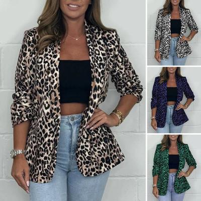 Women Suit Coat Lapel Long Sleeve Single Button Suit Jacket Color-Blocked Leopard Print Slim