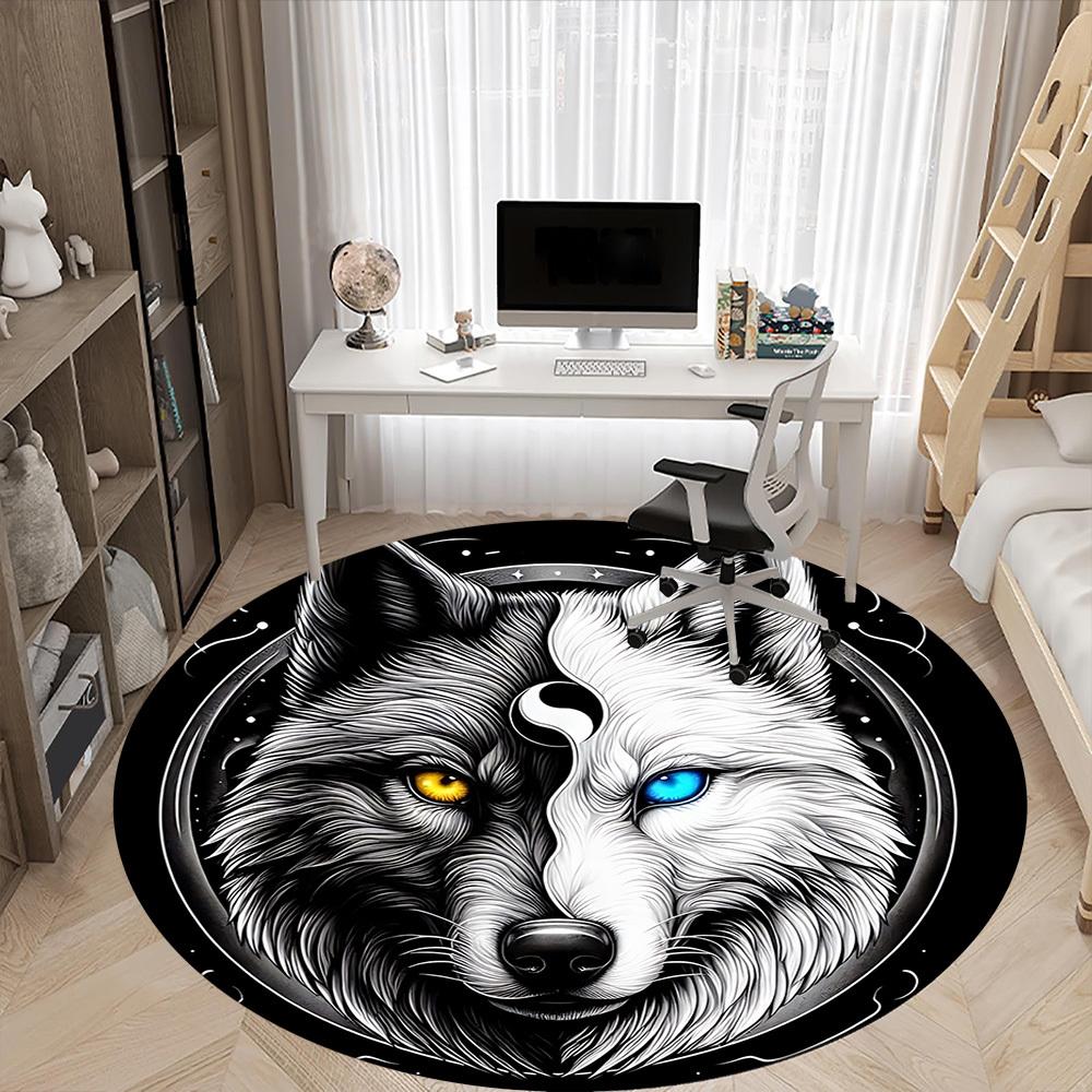1pc Wolf YinYang Office Round Area Rug, Under Office Chairs Bedroom Living Room Home Decor, Room Deco, Available in Various Sizes