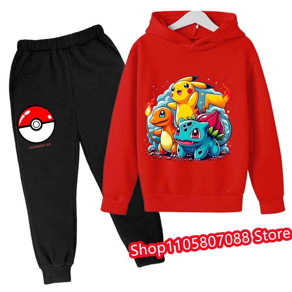 2026 Jaro Podzim 3-14 let Děti Pikachu Kreslená Mikina Set Oblečení pro Kluky Outfit pro Holky