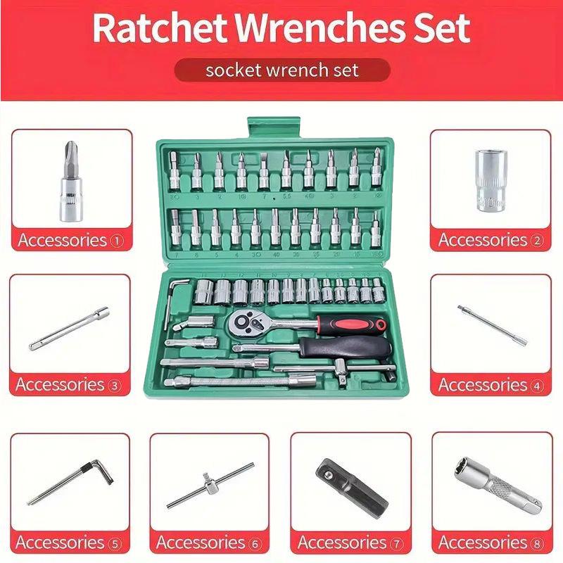 46-Piece Household Repair Tool Set with 1/4 Ratchet, Sockets, Screwdrivers, Hex Key.