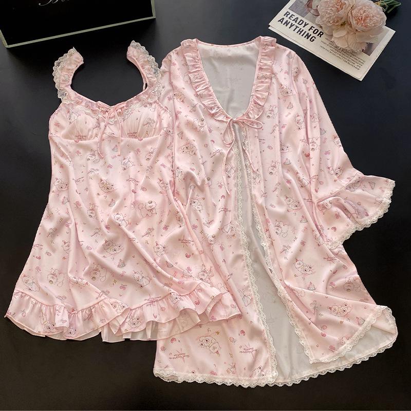 Yase Sweet Rabbit Floral Lace Nightgown - Cute Camisole Robe Homewear L