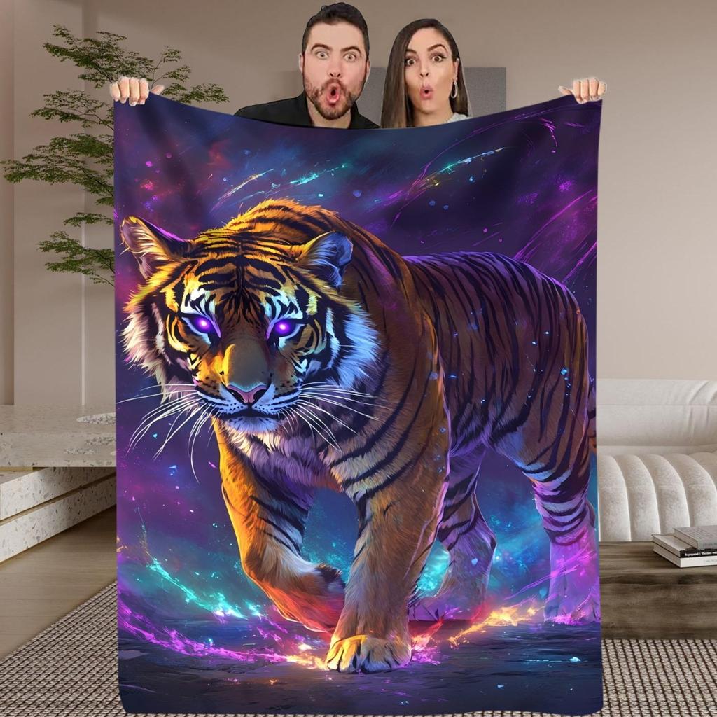 1pc Vibrant Neon Tiger Digital Printed Blanket - Soft Flannel All-Season Throw with Starry Night & Cosmic Design, Perfect for