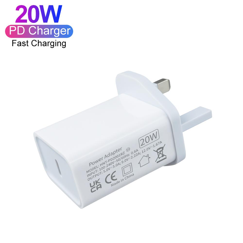 PD 20W Wall Power Adapter Charger Single USB Port Type C Smart Fast Charging Smart Phones ABS UK Plug UKCA