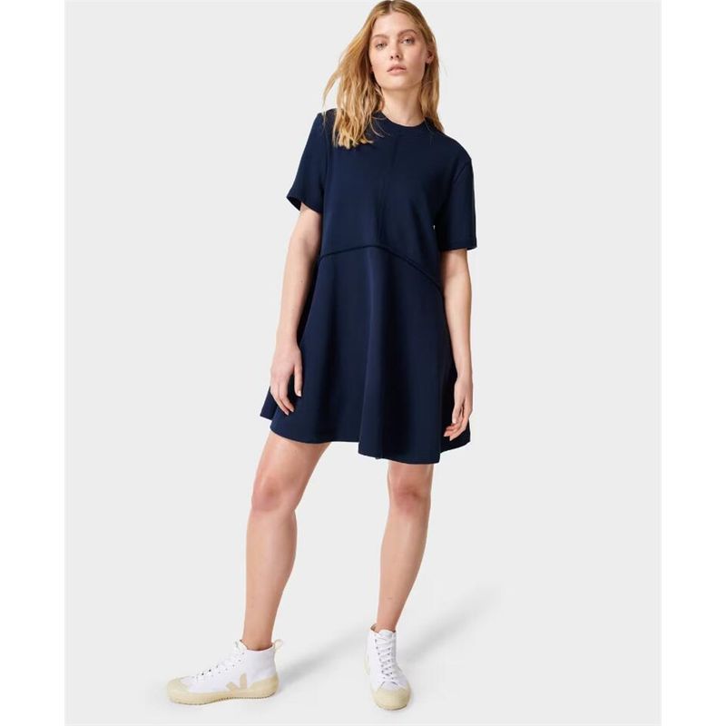 

European Foreign Trade Surplus Orders Tail Goods Small Terry a Swing Solid Thick Outdoor Sports Women round Neck Women s Short Sleeve Dress Navy blue XXS