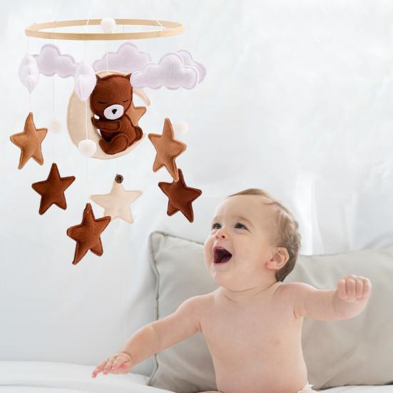 Baby Krybbe uro Sovende Bjørn Skyer Stjerner Barneromsdekor Håndlaget Filt Hengende Sengemobil for Gutter Jenter