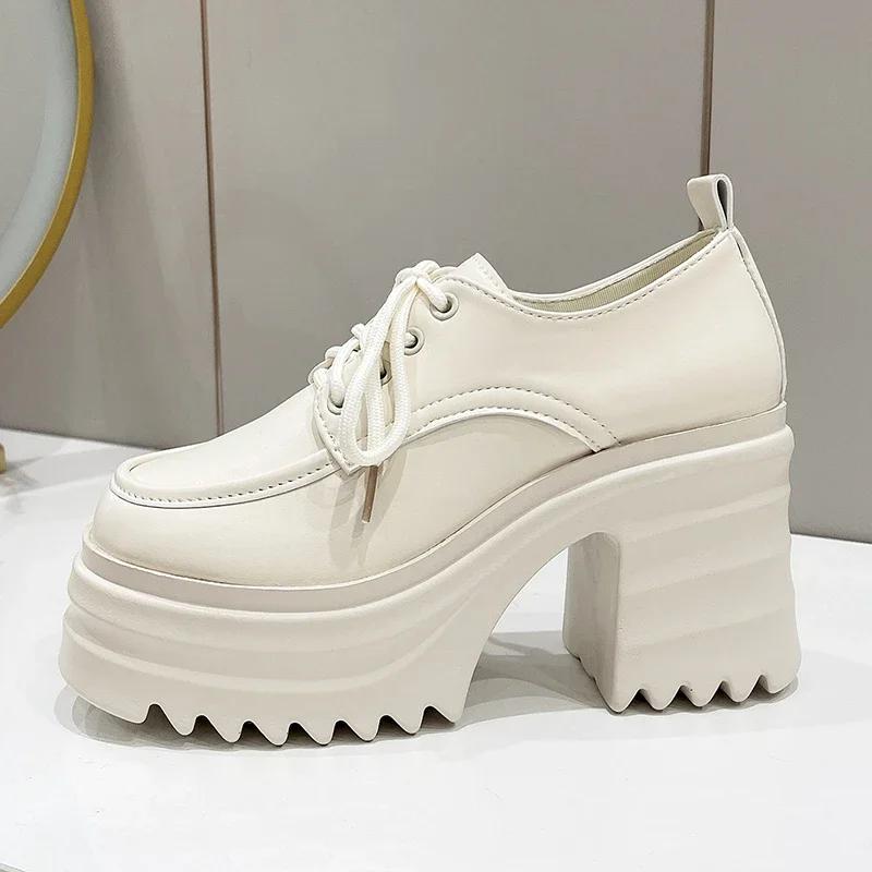 

Comemore Woman Leather Comfortable Women s Shoe Block Heel Female Heeled Platform Pumps Lace Up Round Toe Square Heels Shoes 40