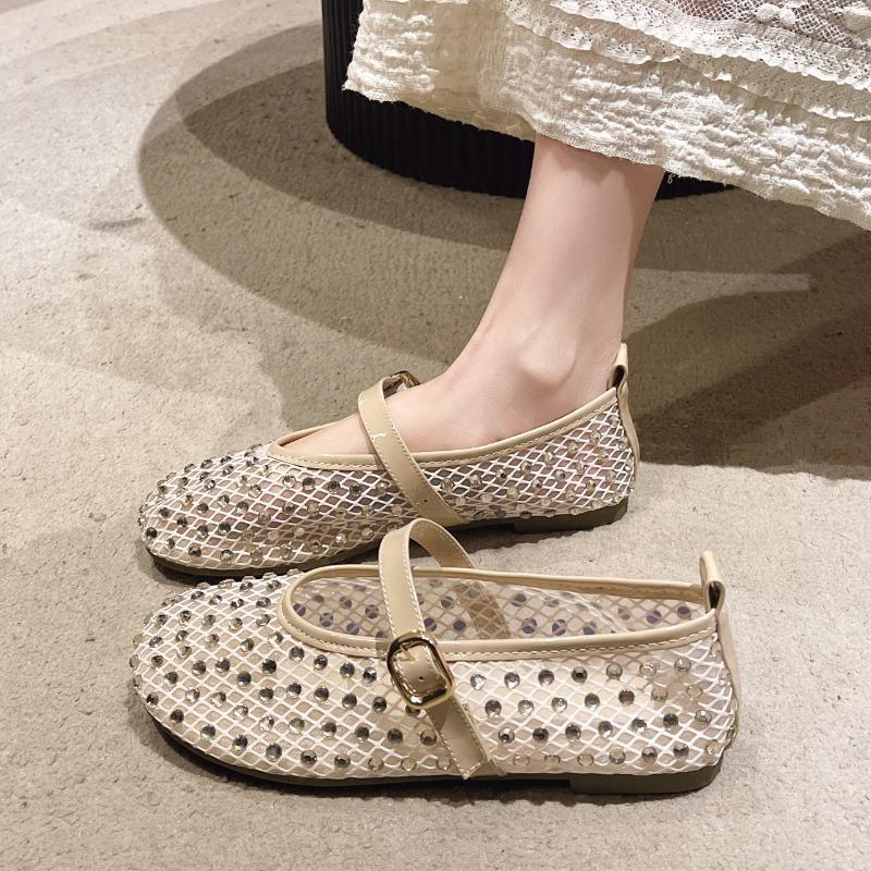 Spring new mesh one-word buckle ballet shoes women's rhinestone flats hollow fishing net Mary Jane single shoes
