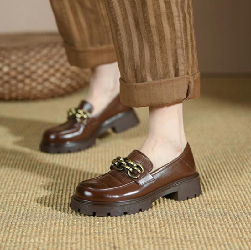 Fashion /Autumn Women Shoes Platform Shoes Women Round Toe Chunky Heel Shoes Women Loafers Leather Shoes Plaid Metal Pumps