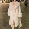 Women Mid Length Faux Fur Coat Large Lapel Fluffy Plush Warm Winter Open Front Outerwear