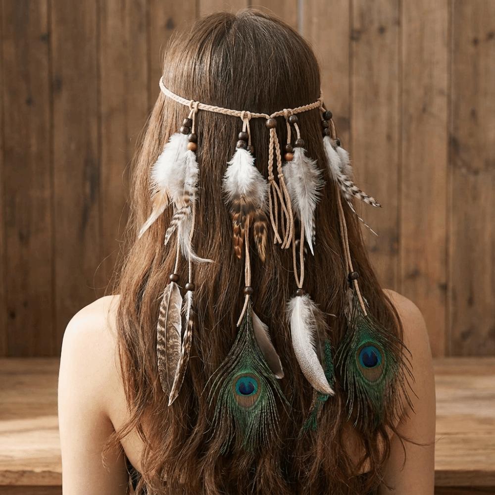 Intricate Beadwork Bohemian Tassel Headband Tribal Feather Hair Extensions Themed Photoshoot Props