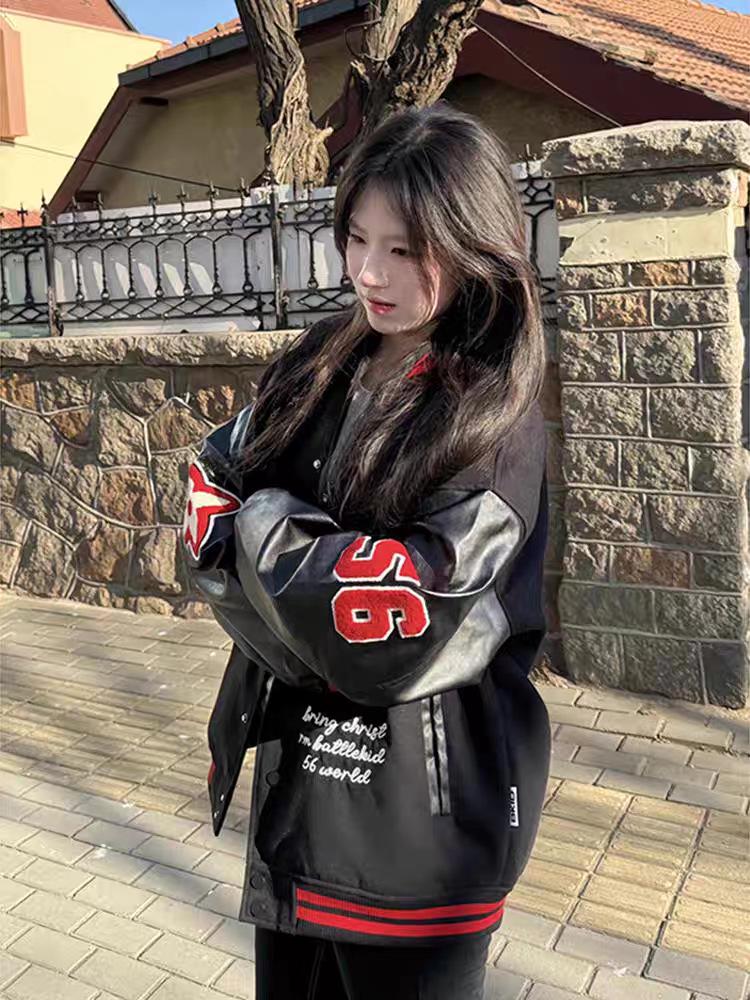 Women's 2025 Trendy Embroidered Baseball Jacket with Leather Sleeves