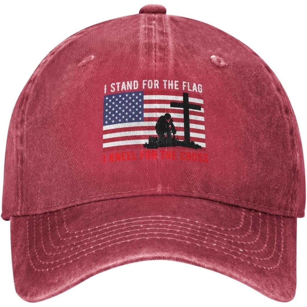 I Stand for The Flag I Kneel for The Cross Baseball Cap Distressed Denim Style Adjustable Dad Hat