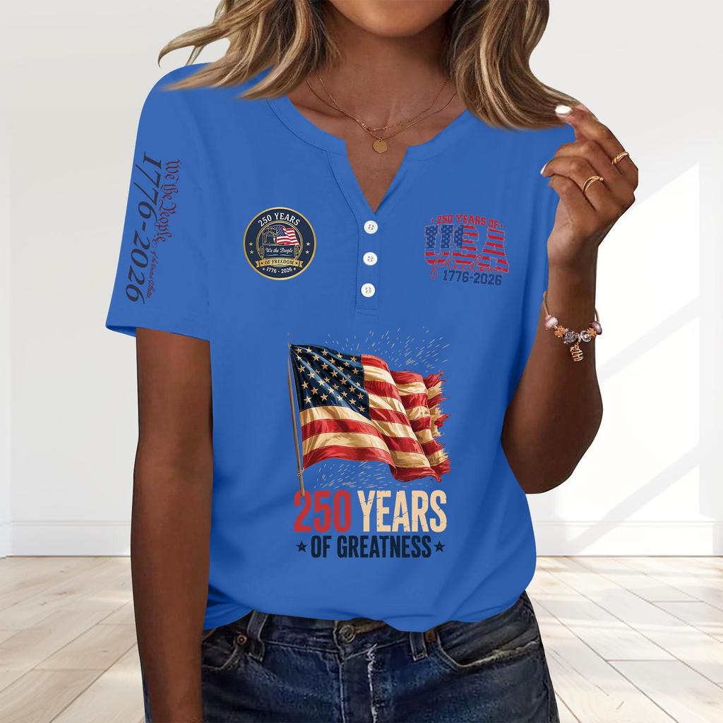 Women's Fashion Casual 250th Anniversary Independence Day Print V-Neck Short Sleeve Decorated Button-Up T-Shirt