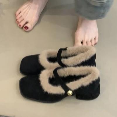 Winter Women's Mary Jane Shoes Fashion Suede Medium Heel Pumps Plush Toe Faux Fur Elegant Retro Shoes for Womens Zapatos Mujer
