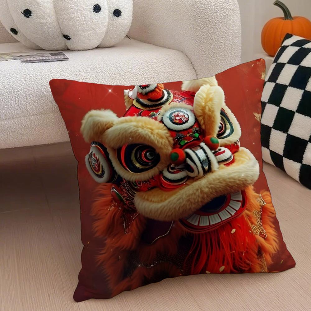 Festive Traditional Dancing Lion Anime Lucky Cushion Cover Linen Pillow Case Soft Breathable Protective Couch Room Decoration