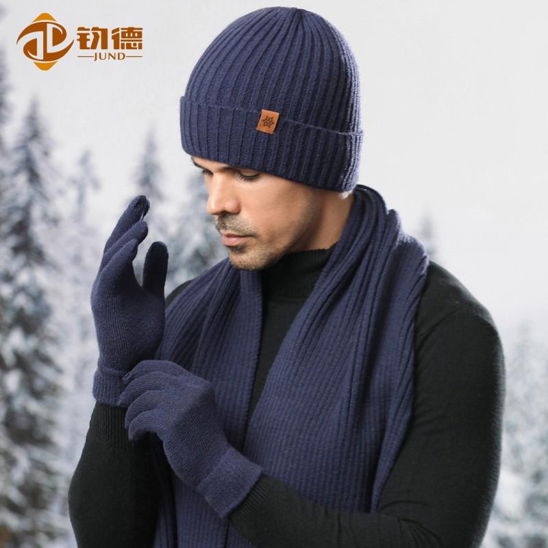 Winter Alpaca Wool Knit Hat Scarf Gloves Set Men Thick Warm Double-Layer Riding Outdoor Cold Weather Accessory