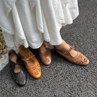 Genuine Leather Hollow-out Low Heel Shoes Retro Lace Up Breathable Versatile Women's Shoes