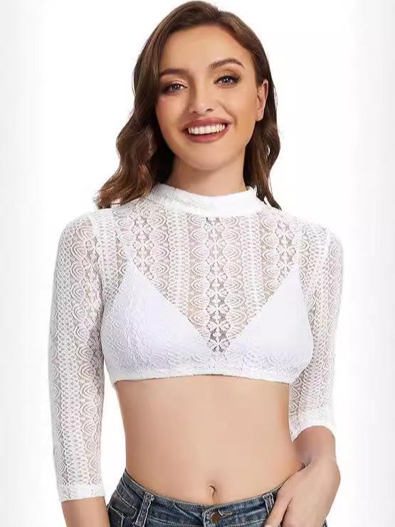Women s Fitted Long Sleeve White Lace Turtleneck Pullover for Oktoberfest 46 белый