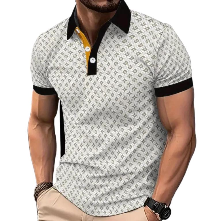 Trendy Geometric Pattern Short-Sleeve Polo Shirt, Stylish Men's Casual Top