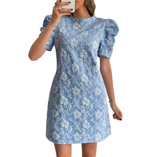 Women's Textured Jacquard Dress Crewneck Short Puff Sleeve A-line Dress Summer Floral Mini Dresses