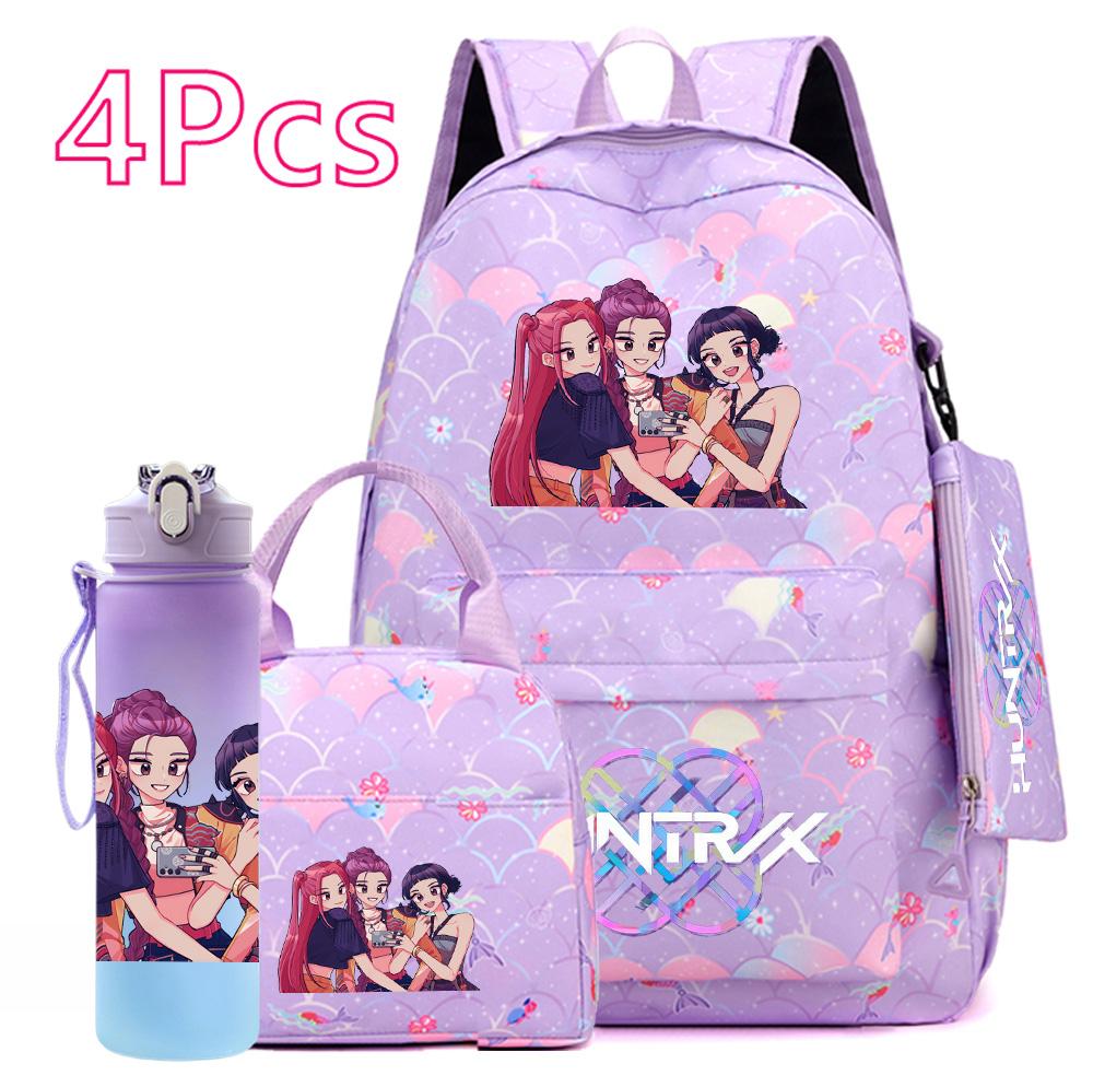 4Pcs/set Anime Cute K-POP Printed Backpack Large Capacity Bookbag HandBag Case Bag with 750ml Water Bottler Boy Girl SchoolBag Waterproof Mochila