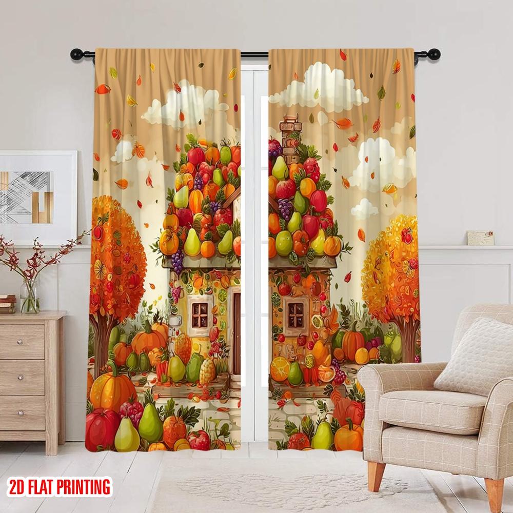 2 Stück, 2D-Flachdruck Lichtfilternde Vorhänge Herbstfrucht Haus Polyestergewebe (ohne Stange) Außendekorationen für Schlafzimmer