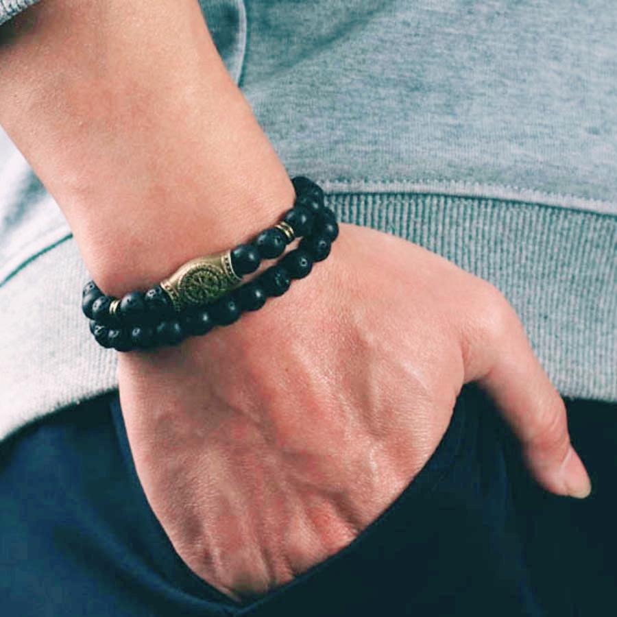 2Pcs Retro Viking Bracelet Set Men 8mm Volcano Howlite Hematite Stone Healing Braslet Meditation Yoga Prayer Strand Braclet Gift