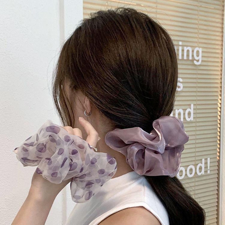 Chouchou d'été en satin et tulle à pois violets - Élastique à cheveux pour femme à haute élasticité