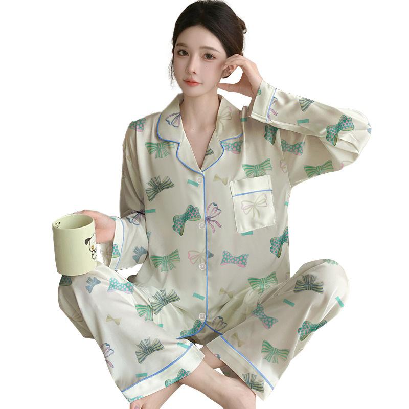 Sweet Bow Print Spring And Autumn Thin Long-Sleeved Suit Cardigan Pajamas Women'S Loungewear Can Be Worn Outside