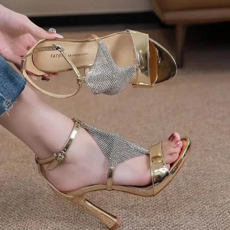 Sexy Women Heels Gold High Heels Sandals Thin Single Strap Metal Stiletto Sandals Silver Heel Shoes Party Evening Wedding Shoes