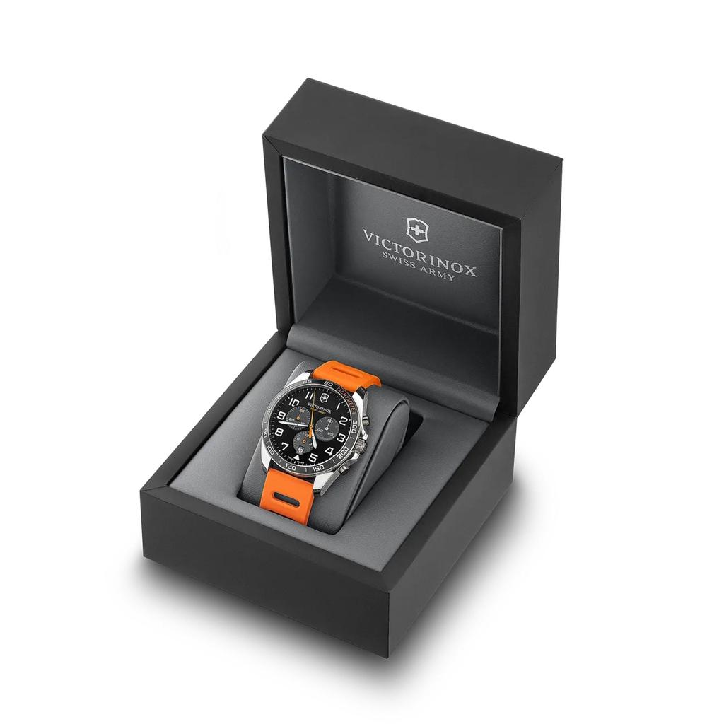 Victorinox FIELDFORCE SPORT CHRONO Wristwatch 316L Stainless Steel Case Black Dial Orange Rubber Strap Gift 241893