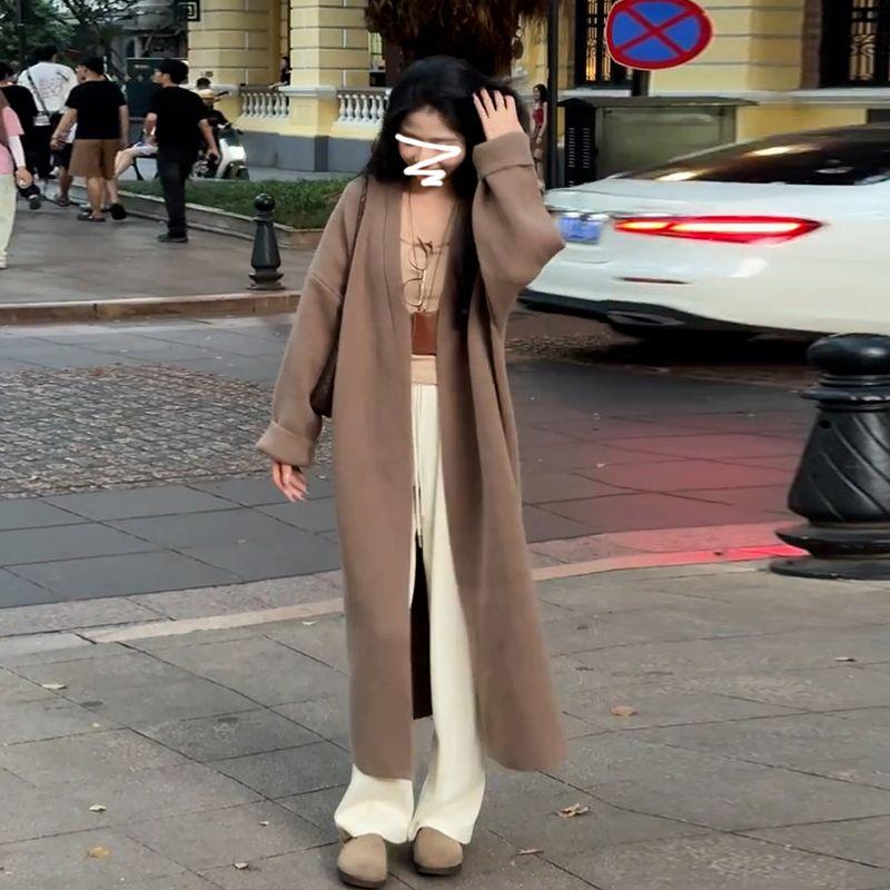 

Свитер средней длины, верхняя одежда, женский, осень-зима 2025, новинка, самый продаваемый, праздный стиль, корейская одежда, вязаный кардиган, пальто [Brown]] 45/55kg/M