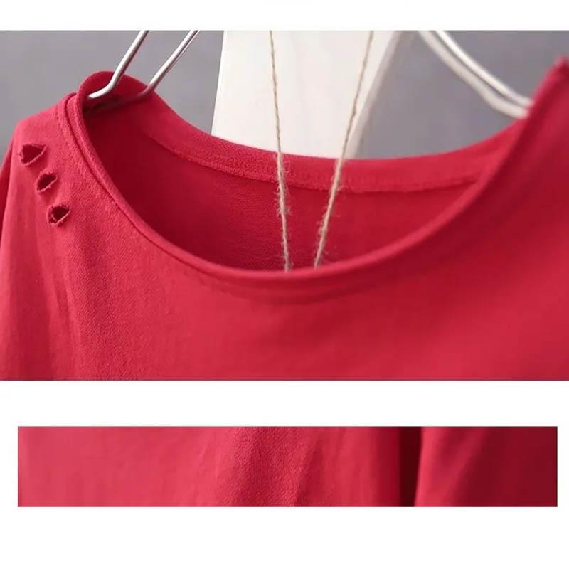 Khaki Loose Round Neck T-shirt Cotton Material Women's Short Sleeved Top Hollow Cuffs Design Retro Literary Style Simple Casual Harajuku Summer