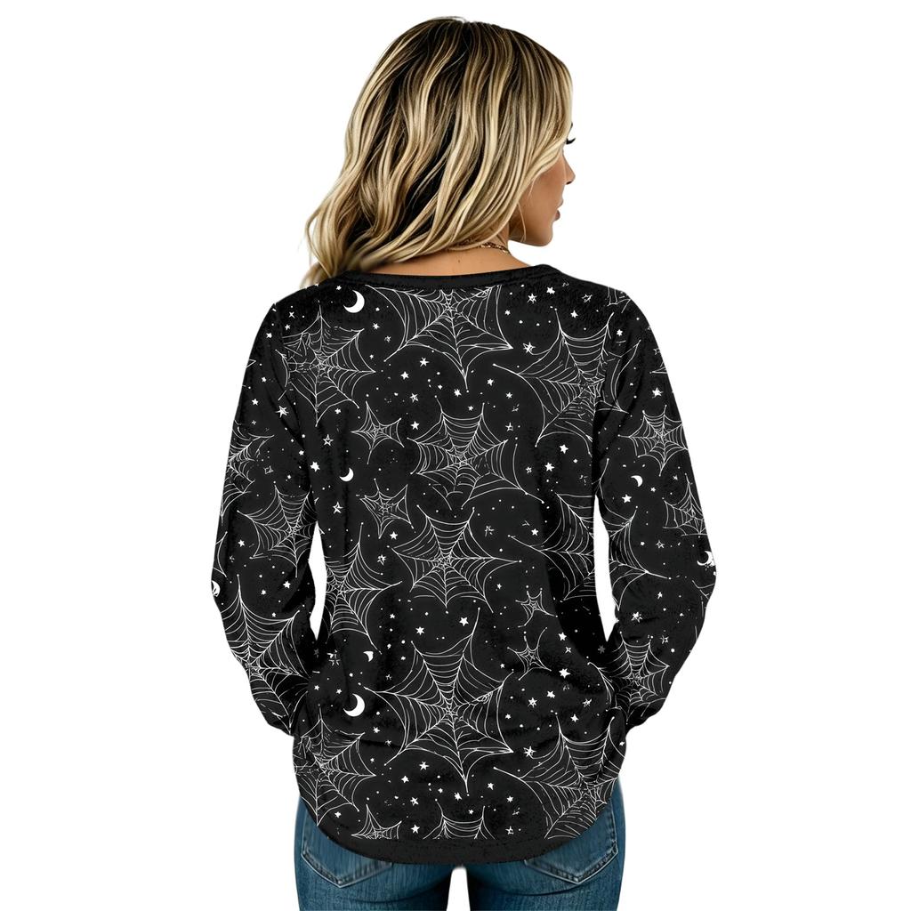 Women's Flannel Long Sleeve Top with Halloween Print Neck Pullover Shirt