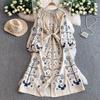 Vintage Embroidered Bandage Dress for Women Bohemian Lantern Sleeve Long Dress with Buttons Spring Autumn Vestidos Mujer