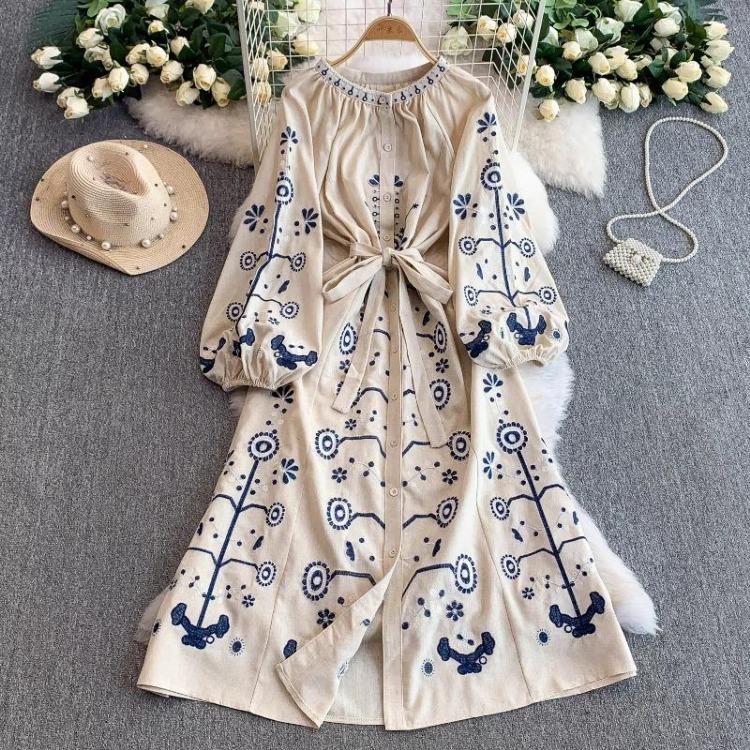 Vintage Embroidered Bandage Dress for Women Bohemian Lantern Sleeve Long Dress with Buttons Spring Autumn Vestidos Mujer