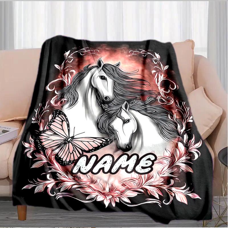 1PC Custom Name Horses Butterflies Artwork Flannel Blankets Patterns Throw Blanket All-Season Soft Gift for Couch, Bed, Camping Gifts
