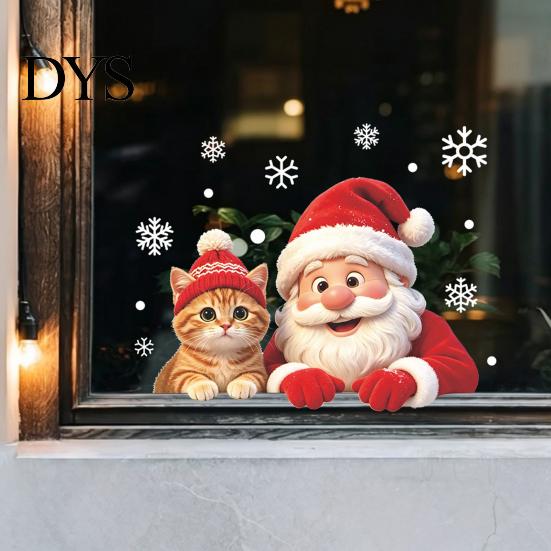 Holiday Glass Decals Christmas Santa Cat Window Sticker, Snowflake Xmas Decal, Waterproof Claus Stickers Self-Adhesive Decor for Balcony Storefront