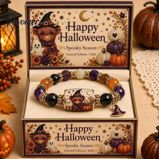 Cute Halloween Themed Gift Stretch Beaded Bracelet with Box, Black Cat Pumpkin Ghost Stylish Wrist Accessory for Parties Crow Witch Hat/Moon
