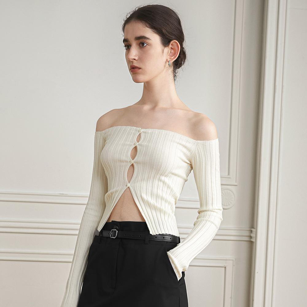 Waiwaiaiem Yy_Off Shoulder Hollow Knit Top