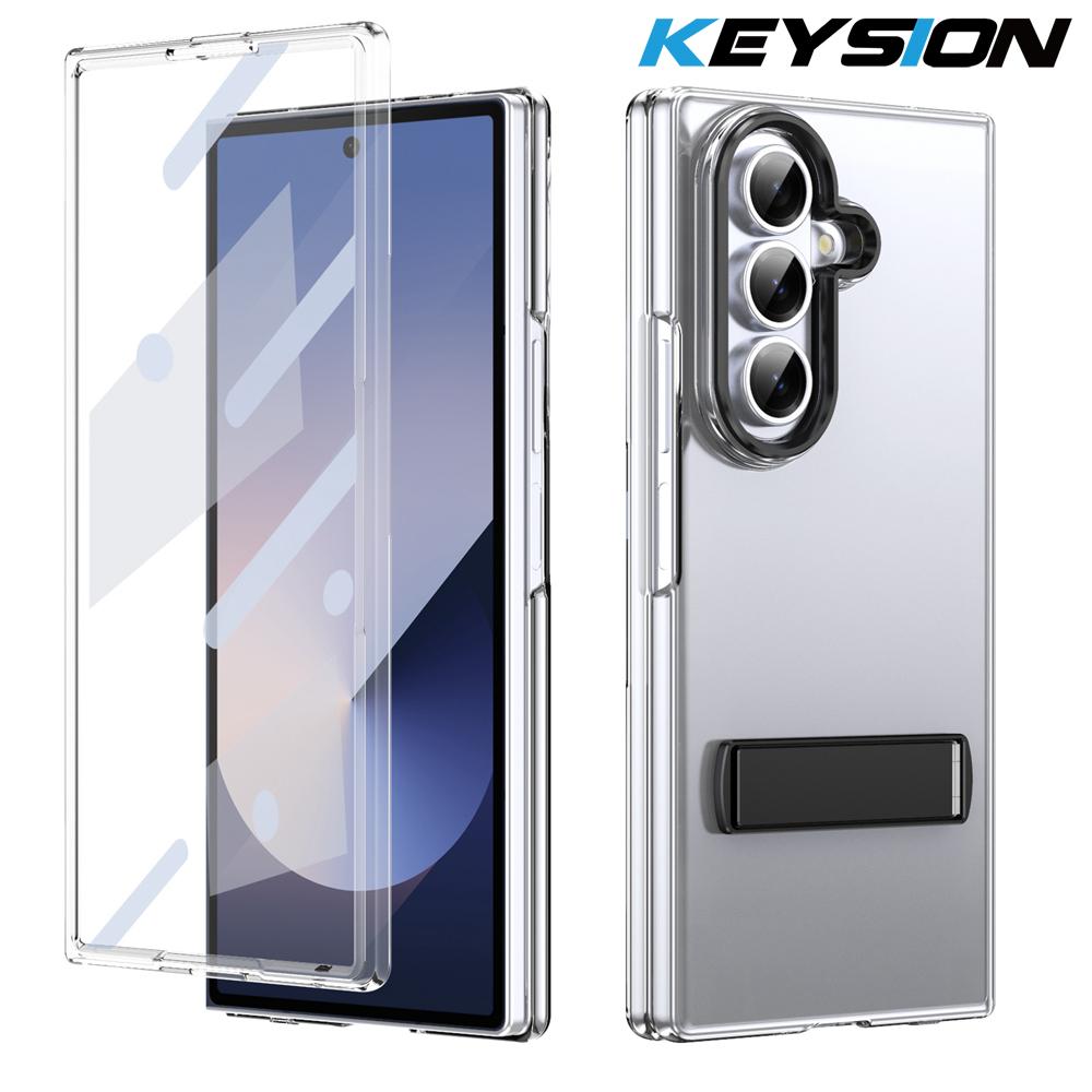 KEYSION Transparent Case for Samsung Galaxy Z Fold 7 Hard PC Metal Kickstand Shockproof Phone Cover with Glass Screen Protector