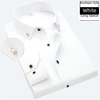 Men's Diamond Button White High-Cotton Anti-Wrinkle Long-Sleeve Shirt - Spring & Autumn Casual Formal Wear