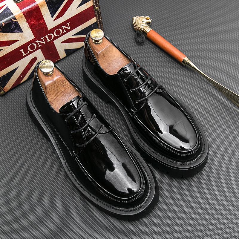 Men's Black British-Style Retro Height-Boosting Leather Shoes - Casual, Low-Top, Wear-Resistant, All-Season