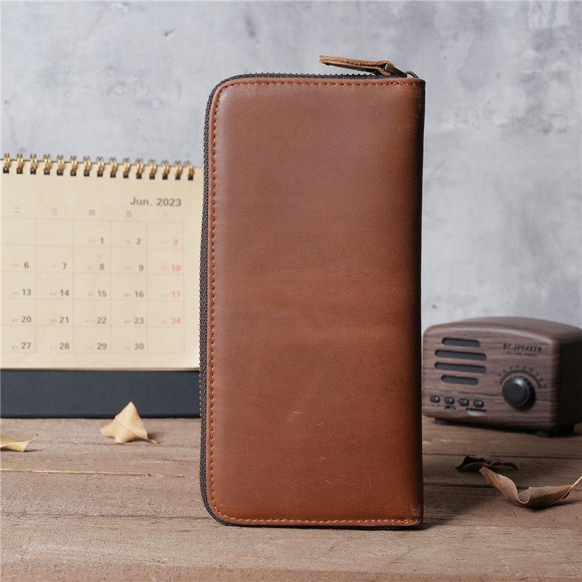 Crazy Horse Leather Men's and Women's Long Wallet, Two Fold Genuine Leather, Pure Top Layer Cowhide, Retro Wallet