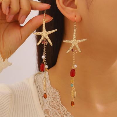 Bohemian Sea Star Shell Jewelry Necklace Earrings with Set Beach-Inspired Rhinestone Tassels Elegant Gift for Women