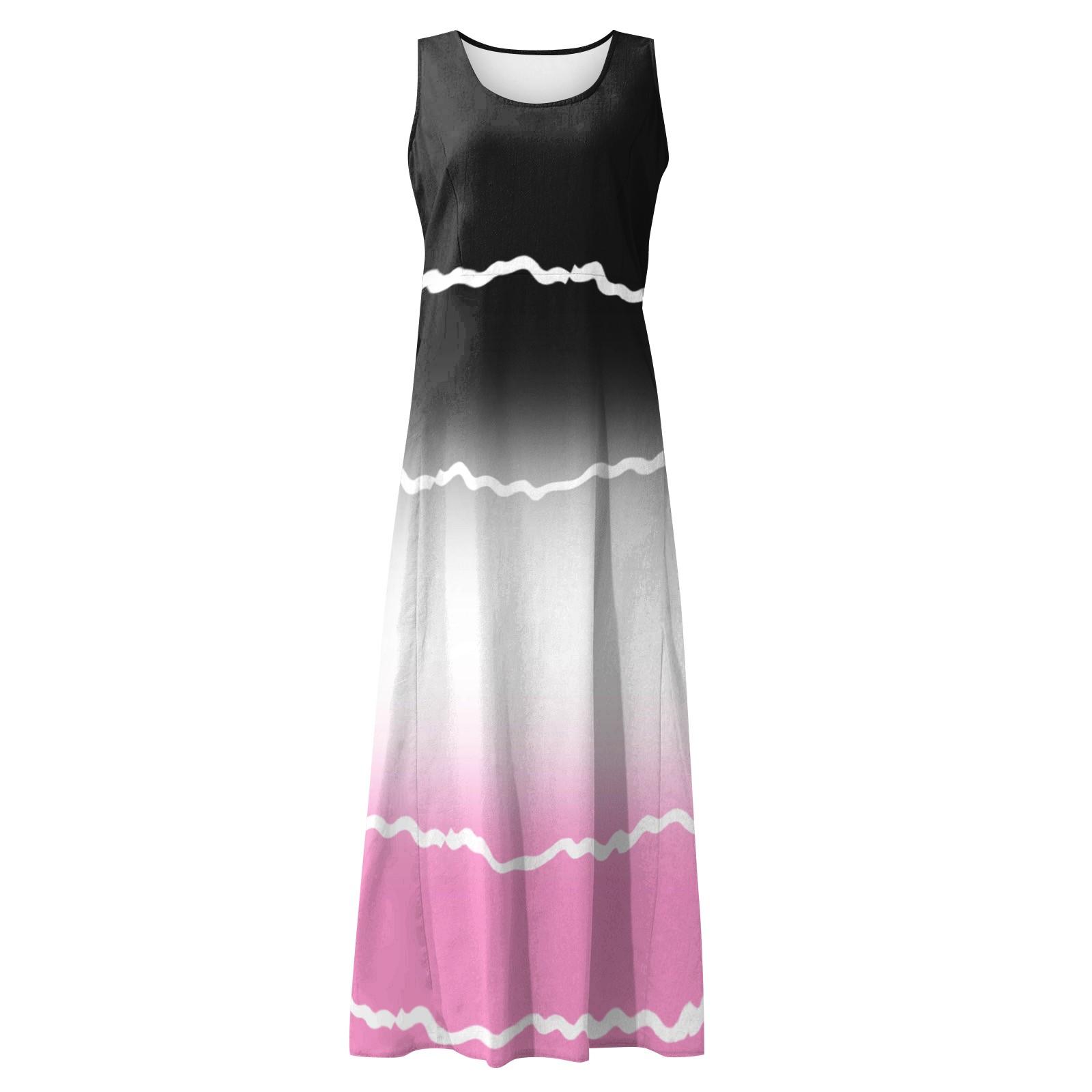 Женское летнее повседневное модное платье в полоску с принтом без рукавов и круглым — фото 4