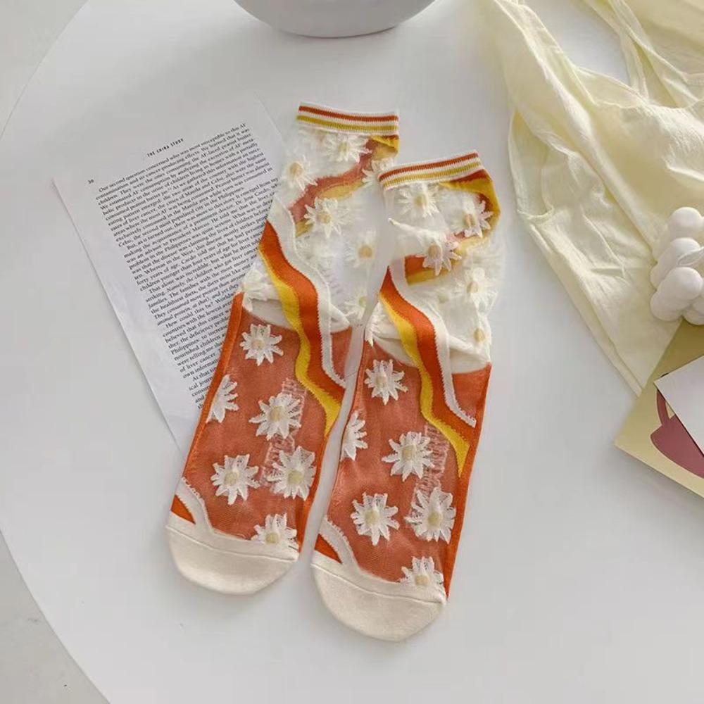 Sweet Floral Print Mid-calf Socks Ultra-Thin Crystal Silk Socks  Casual Wear