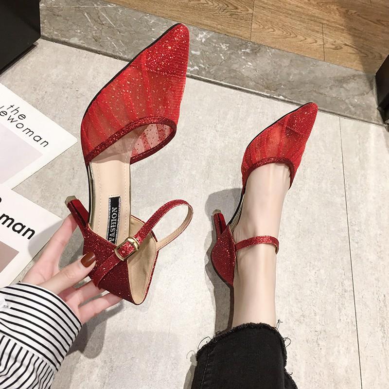 Thin High Heels Pointed Toe Women Pumps Woman Two Piece Ankle Strap Shiny Party Shoes for Ladies Wedding Bridal Shoes