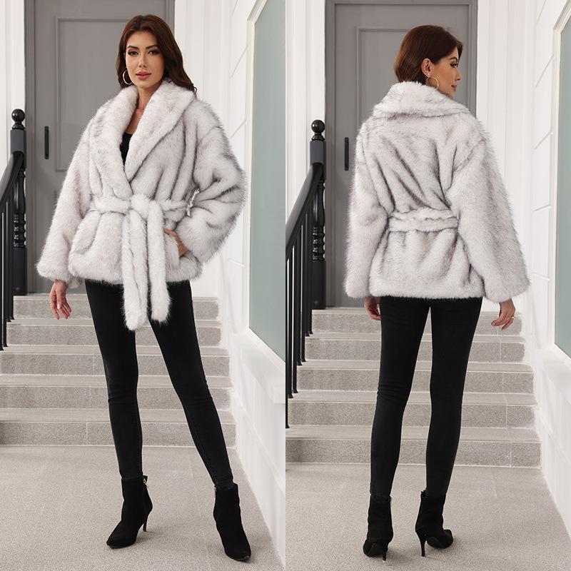 Imitation Fur Belt Belt Medium and Long Jacket Fashion Trend Women's Clothing Warm Thickened Plush Long-sleeved Jacket