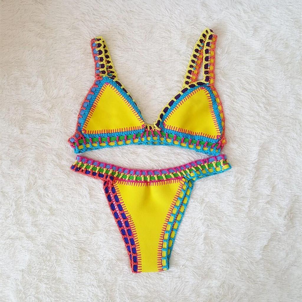 Europäisch-Amerikanisches Häkel-Farbblock-Bikini-Set: Sexy Neopren Strandbademode für Frauen